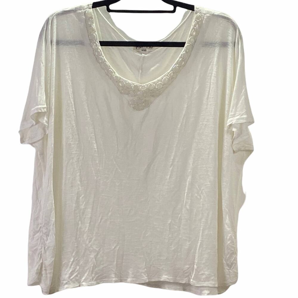 Mel & Mo Stretchy Semi Sheer White Top with Beaded Opalescent Neckline 2X
